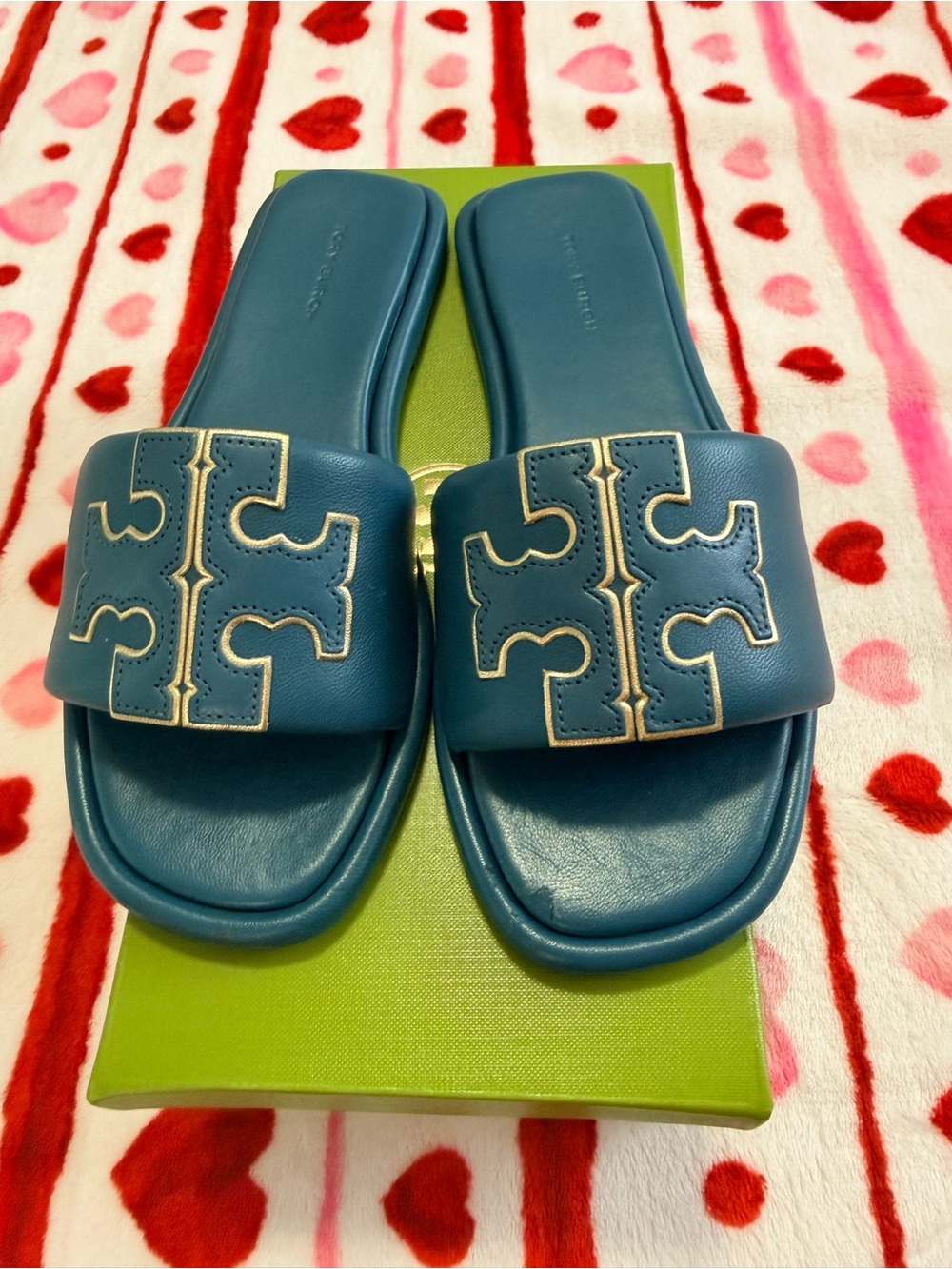 Tory Burch Teal Leather Logo Slide Sandals
